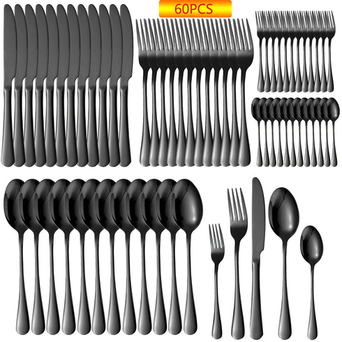 60-Piece Black Stainless Steel Silverware Set – Flatware for 12, Modern Cutlery Set with Forks, Knives, Spoons, Dishwasher Safe