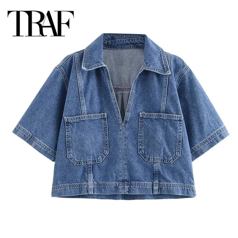 TRAF Summer 2024 Women’s Blue Cropped Denim Shirt – Short Sleeve Turn-Down Collar Streetwear Blouse with Lace Closure and Pocket Detail – Lightweight Y2K-Inspired High Street Casual Top