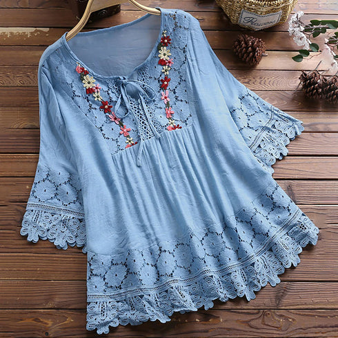 Women's Ethnic Style Loose Tops-2024 Embroidered Cotton Lace Blouses