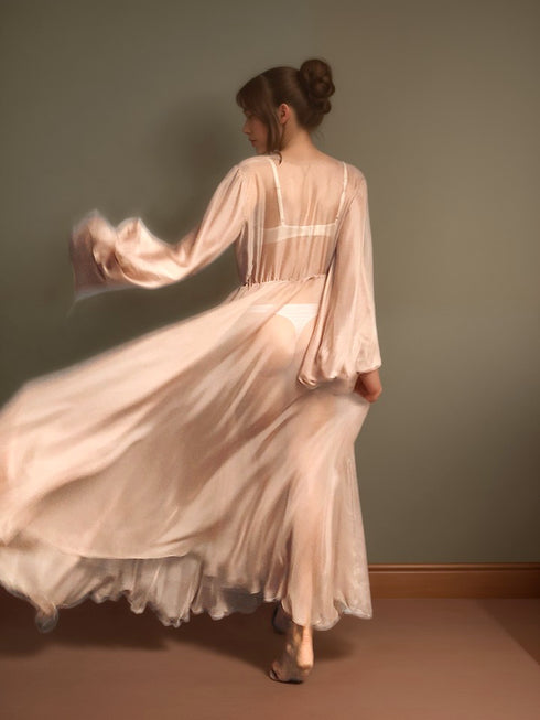 Unique Silky Shiny Crinkle Chiffon long Lingerie Robe dress