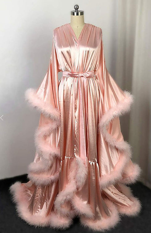 Silky Satin Victorian Feather Fringe Robe Dress