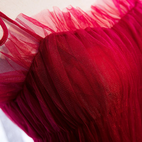 Spaghetti-straps Pleated bodice Ruffle Layered tutu soft tulle prom dress