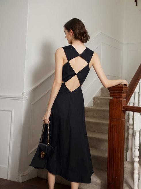 Timeless Elegance Backless Satin Midi Dress with Intricate Cutout