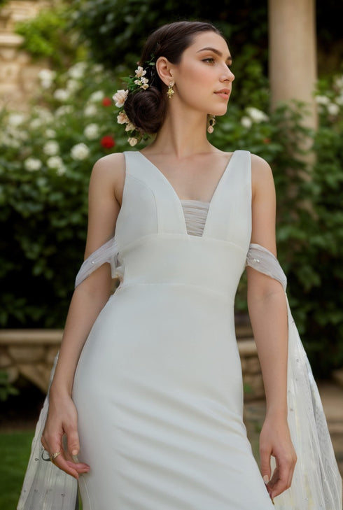 V-neck Low back wide straps Mermaid Satin wedding dress with beaded soft tulle ribbon