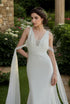 V-neck Low back wide straps Mermaid Satin wedding dress with beaded soft tulle ribbon