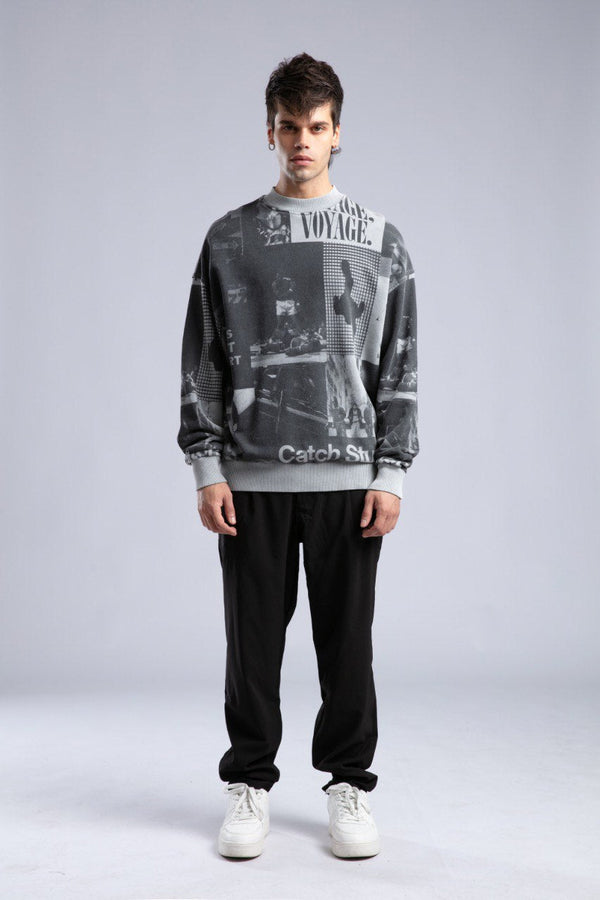 Vintage Wash Graphic Print Sweatshirt - Oversized "VOYAGE" Crewneck