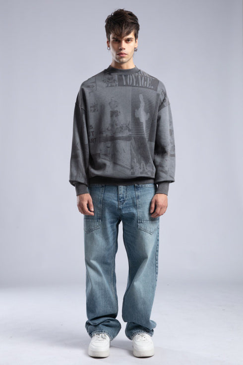 Vintage Wash Graphic Print Sweatshirt - Oversized "VOYAGE" Crewneck