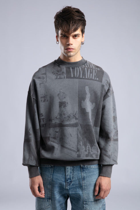 Vintage Wash Graphic Print Sweatshirt - Oversized "VOYAGE" Crewneck