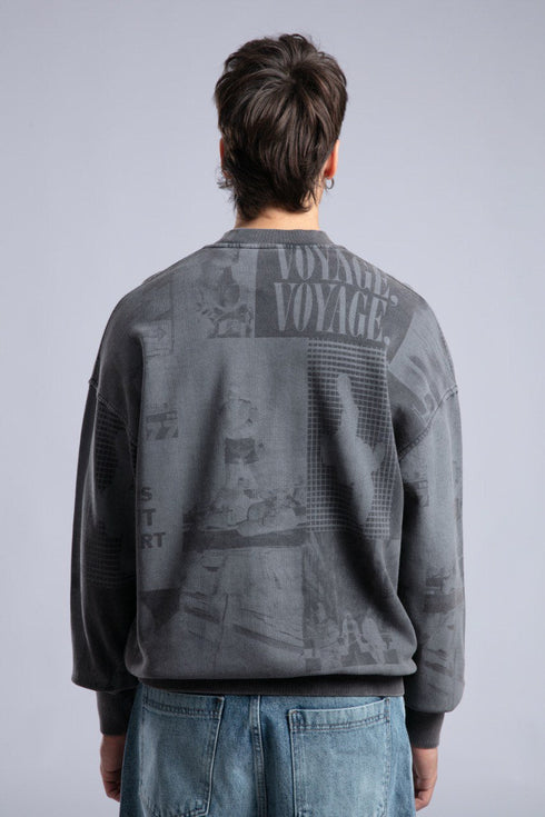 Vintage Wash Graphic Print Sweatshirt - Oversized "VOYAGE" Crewneck