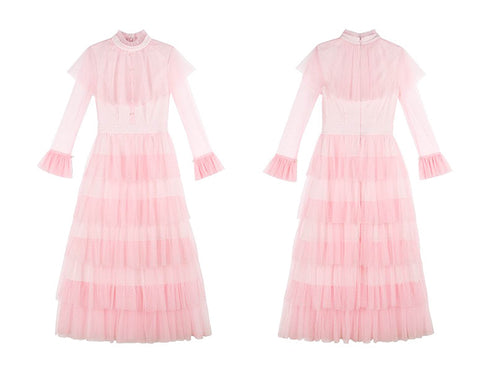 Vintage high neck Layered Ruffle tutu Skirt tulle prom dress with sleeves