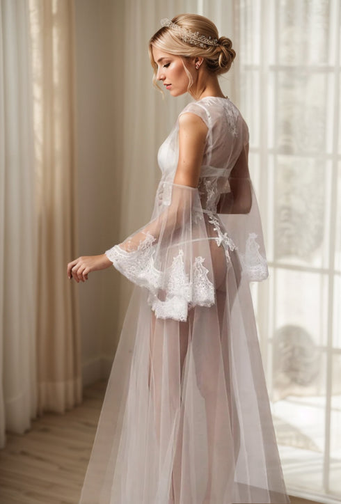 Pearl Beaded Lace Hem Long Robe with Satin Nightgown
