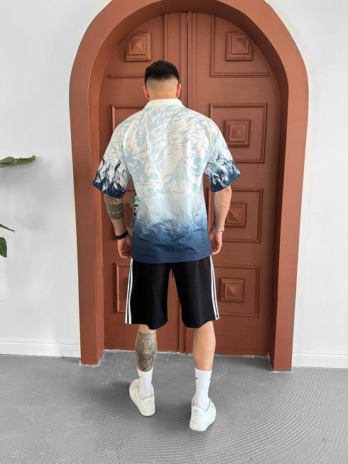 Dragon Fury Men's Graphic Polo & Shorts Set – Fire-Breathing Streetwear with Fantasy Edge