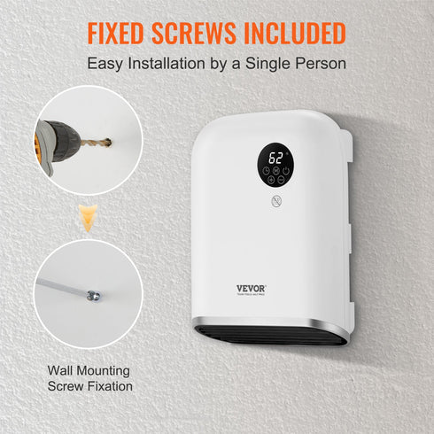 VEVOR Electric Wall Heater 1500W, Small Space Heaters with Touch Screen & Wireless Remote Control, Tip-Over & Overheat & IPX24 Waterproof Safety Protection, Wall-Mount/Tabletop for Indoor Use, White