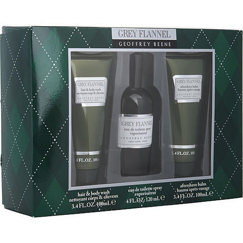 GREY FLANNEL by Geoffrey Beene EDT SPRAY 4 OZ & AFTERSHAVE BALM 3.4 OZ & HAIR & BODY WASH 3.4 OZ