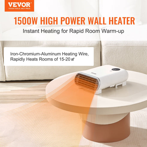 VEVOR Electric Wall Heater 1500W, Small Space Heaters with Touch Screen & Wireless Remote Control, Tip-Over & Overheat & IPX24 Waterproof Safety Protection, Wall-Mount/Tabletop for Indoor Use, White