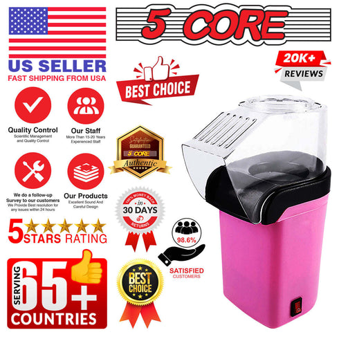 5 Core Hot Air Popcorn Popper Machine 1200W Electric Popcorn Kernel Corn Maker Bpa Free, 95% Popping Rate, 2 Minutes Fast, No Oil-Healthy Snack for Kids Adults, Home, Party, Gift POP