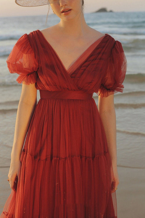 Cape-shoulder short sleeves ruched bodice V-neck layered skirt long tulle prom dress