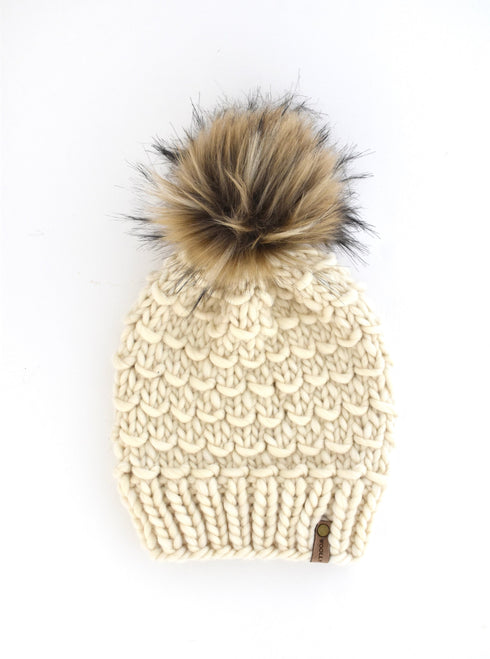 Ivory Peruvian Wool Knit Hat with Faux Fur Pom Pom