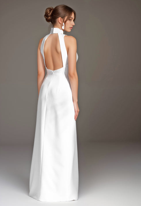 Elegant Haltered Hallowed Back Satin wedding dress thigh Split mini wedding dress