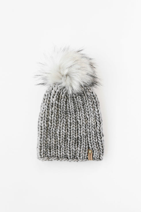Gray Merino Wool Ribbed Knit Hat with Faux Fur Pom Pom