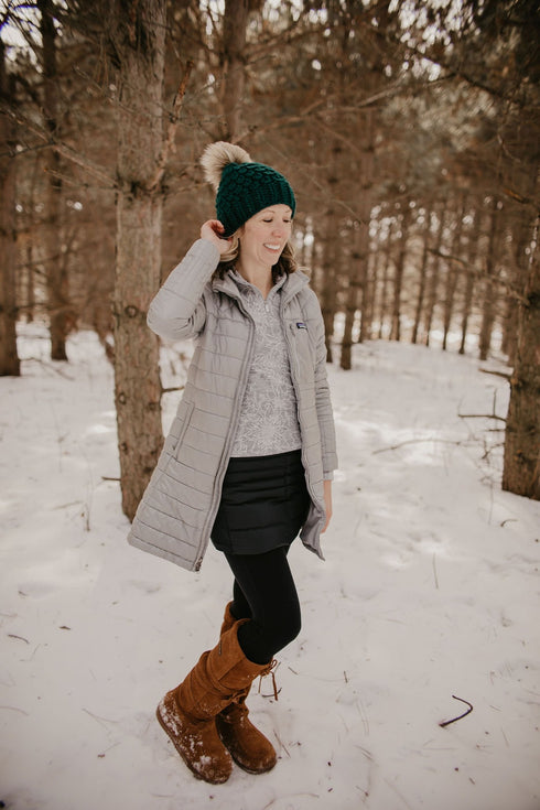 Forest Green Peruvian Wool Knit Hat with Faux Fur Pom Pom