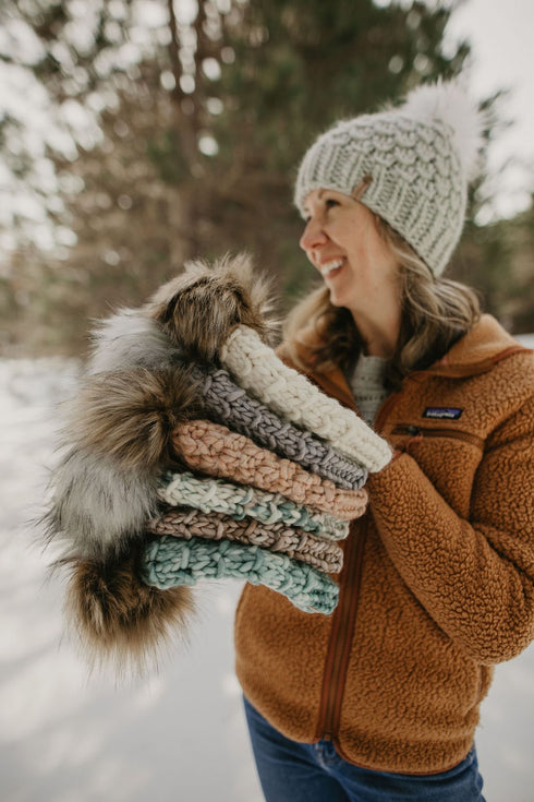 Gray Merino Wool Knit Hat with Faux Fur Pom Pom