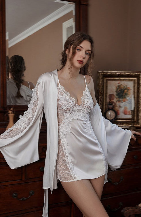 Victorian Style Lace Silky Lingerie Set - Elegant Night Dress & Robe in 3 Colors Next Day Shipping