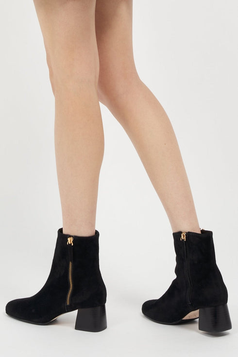 Arina Dress Ankle Bootie with a Block Heel in Black Suede
