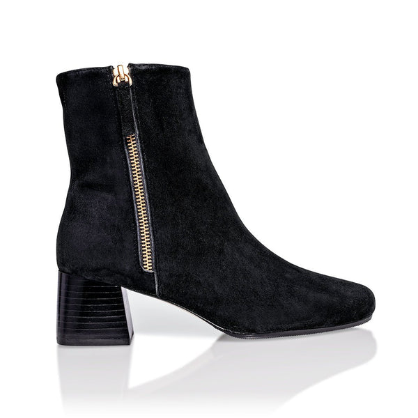 Arina Dress Ankle Bootie with a Block Heel in Black Suede
