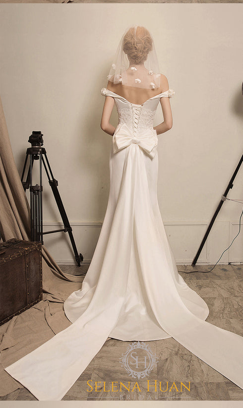 Rose Manor - Beaded Floral lace off-the-shoulder mermaid soft silky satin prom dress colored wedding dress