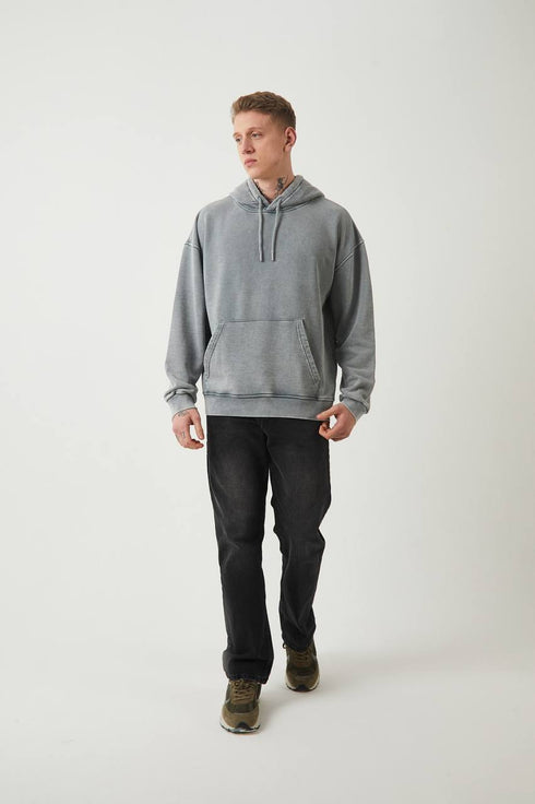 Unisex Washed Oversize Hoodie - Heavyweight Blank Sweatshirt - Gray