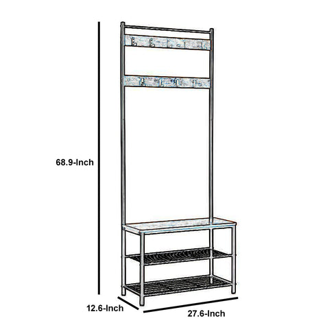 Wood and Metal Frame Hall Tree with Slatted Shelves; Rustic Brown and Black