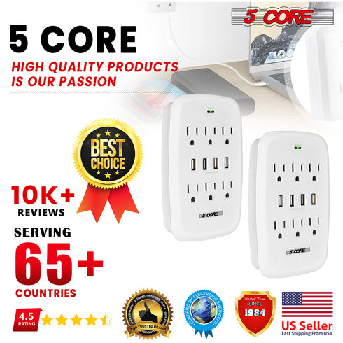 6 Outlet Wall Plug Extender with 4 USB Ports (4.8A Total); Multi Plug Outlet Adapter Wall Surge Protector 15A Electrical Outlet Expander with USB Ports 5 Core WMS 6S 4USB