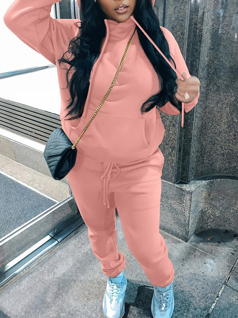 Casual Drawstring Pantsuits Two-piece Set; Pocket Hoodies Tops & Loose Long Sweatpants Set; Women's Clothing