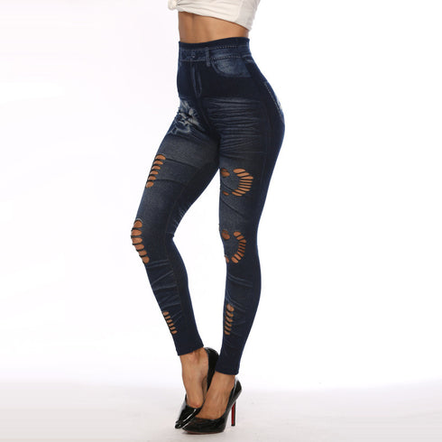 Imitation denim hollow leggings heart net pants high waist super elastic female pants