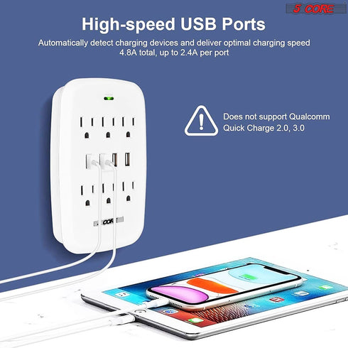 6 Outlet Wall Plug Extender with 4 USB Ports (4.8A Total); Multi Plug Outlet Adapter Wall Surge Protector 15A Electrical Outlet Expander with USB Ports 5 Core WMS 6S 4USB