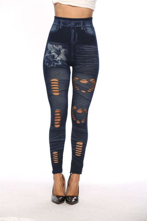 Imitation denim hollow leggings heart net pants high waist super elastic female pants