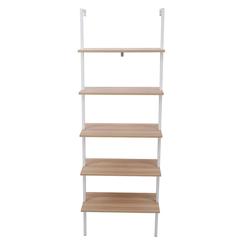 5-Shelf Wood Ladder Bookcase with Metal Frame; Industrial 5-Tier Modern Ladder Shelf Wood Shelves XH