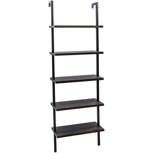 5-Shelf Wood Ladder Bookcase with Metal Frame; Industrial 5-Tier Modern Ladder Shelf Wood Shelves XH