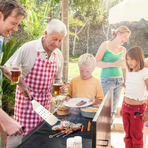 Stainless Steel Barbecue Tool Set Ergonomic Handle - 2 Perforated Flat Spatula, Turner, Scraper, 2 Squirt Bottles - Grilling, Camping, Outdoor Cooking, Burger Turner