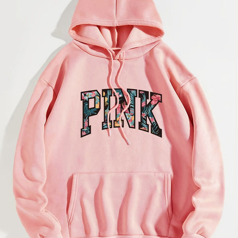 Letter Graphic Print Drawstring Loose Hoodie; Casual Hooded Pocket Fashion Long Sleeve Sweatshirt; Women's Clothing