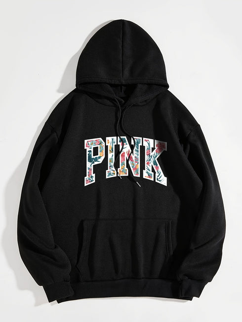 Letter Graphic Print Drawstring Loose Hoodie; Casual Hooded Pocket Fashion Long Sleeve Sweatshirt; Women's Clothing