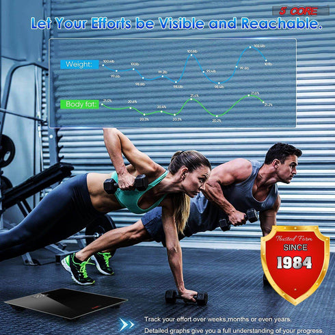 5 Core Rechargeable Digital Scale for Body Weight; Precision Bathroom Weighing Bath Scale; Step-On Technology; High Capacity - 400 lbs. Large Display; Batteries Included BS 02 R BLK