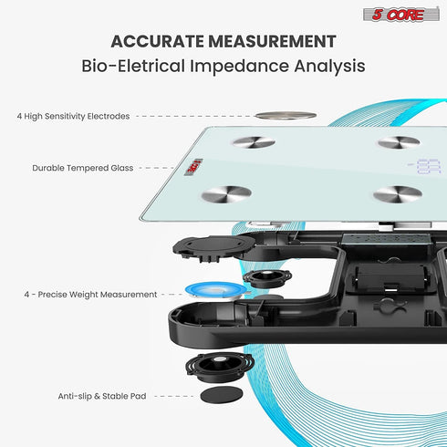 5 Core Smart Digital Bathroom Weighing Scale with Body Fat and Water Weight for People; Bluetooth BMI Electronic Body Analyzer Machine; 400 lbs. BBS DOT B WH