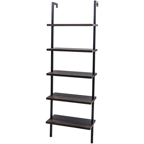 5-Shelf Wood Ladder Bookcase with Metal Frame; Industrial 5-Tier Modern Ladder Shelf Wood Shelves XH