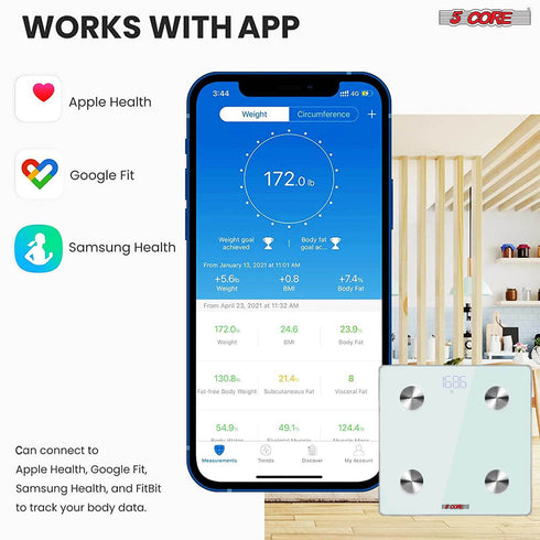 5 Core Smart Digital Bathroom Weighing Scale with Body Fat and Water Weight for People; Bluetooth BMI Electronic Body Analyzer Machine; 400 lbs. BBS DOT B WH