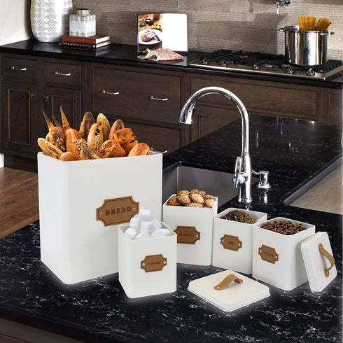 MegaChef Kitchen Food Storage and Organization 5 Piece Canister Set in White - Metal & Leather