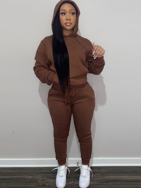 Casual Drawstring Pantsuits Two-piece Set; Pocket Hoodies Tops & Loose Long Sweatpants Set; Women's Clothing