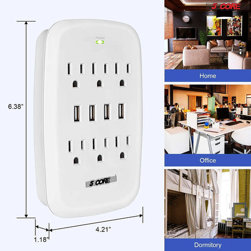 6 Outlet Wall Plug Extender with 4 USB Ports (4.8A Total); Multi Plug Outlet Adapter Wall Surge Protector 15A Electrical Outlet Expander with USB Ports 5 Core WMS 6S 4USB