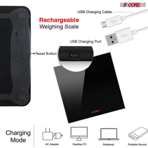 5 Core Rechargeable Digital Scale for Body Weight; Precision Bathroom Weighing Bath Scale; Step-On Technology; High Capacity - 400 lbs. Large Display; Batteries Included BS 02 R BLK